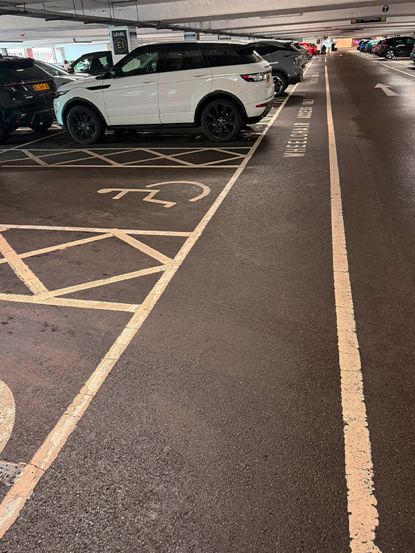 Disabled bays with cross hatching in Lakeside shopping centre