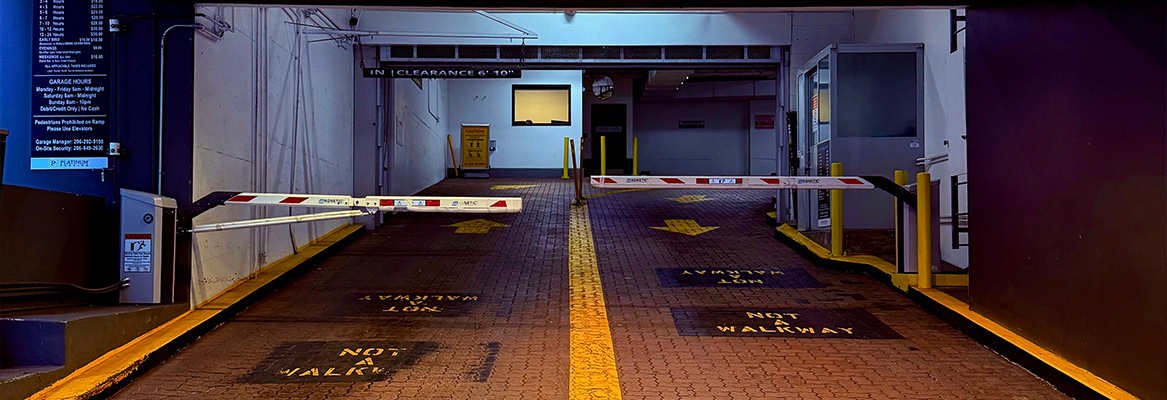 Closed entry and exit barriers to a car park